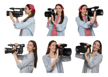 Image of Videographer with video camera on white background, collage. Professional equipment