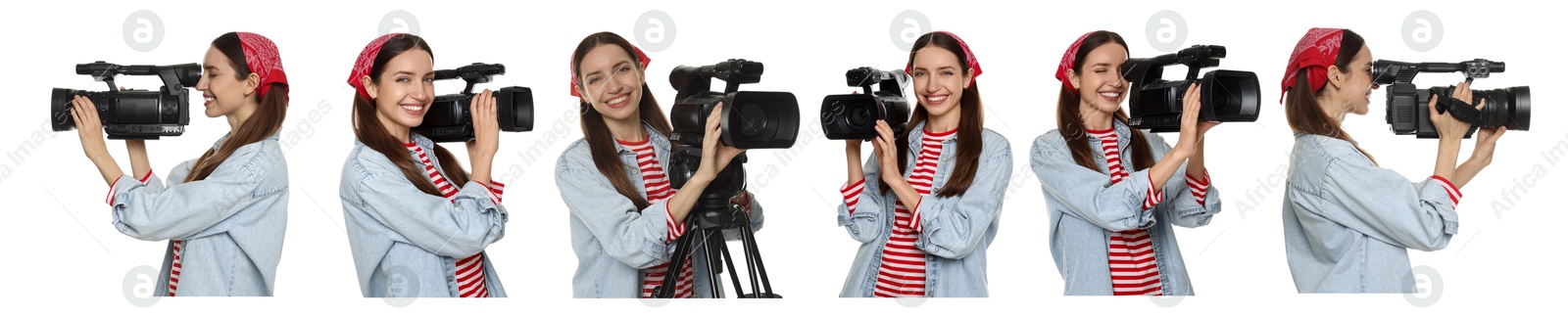 Videographer with video camera on white background, collage. Professional equipment Image of Videographer with video camera on white background, collage. Professional equipment