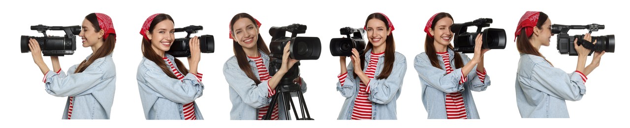 Image of Videographer with video camera on white background, collage. Professional equipment