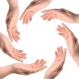 Image of Making circle of human hands on white background. Unity, partnership, cooperation