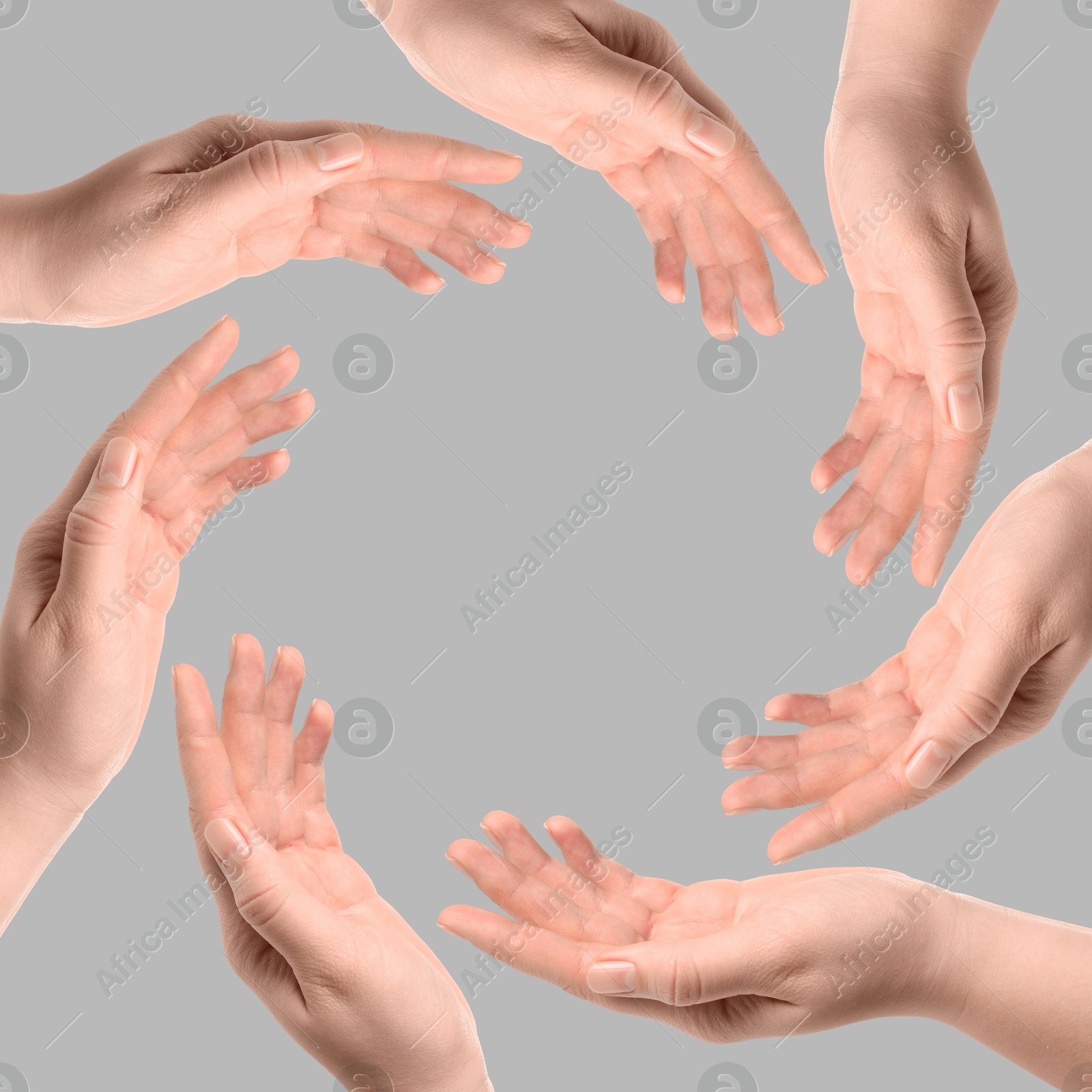 Making circle of human hands on grey background. Unity, partnership, cooperation Image of Making circle of human hands on grey background. Unity, partnership, cooperation