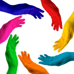 Image of Making circle of human hands painted in different colors on white background. Unity, partnership, cooperation