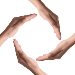 Image of Making circle of human hands on white background. Unity, partnership, cooperation