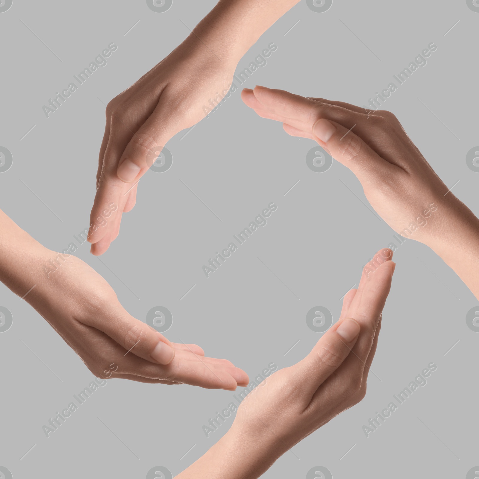 Making circle of human hands on grey background. Unity, partnership, cooperation Image of Making circle of human hands on grey background. Unity, partnership, cooperation