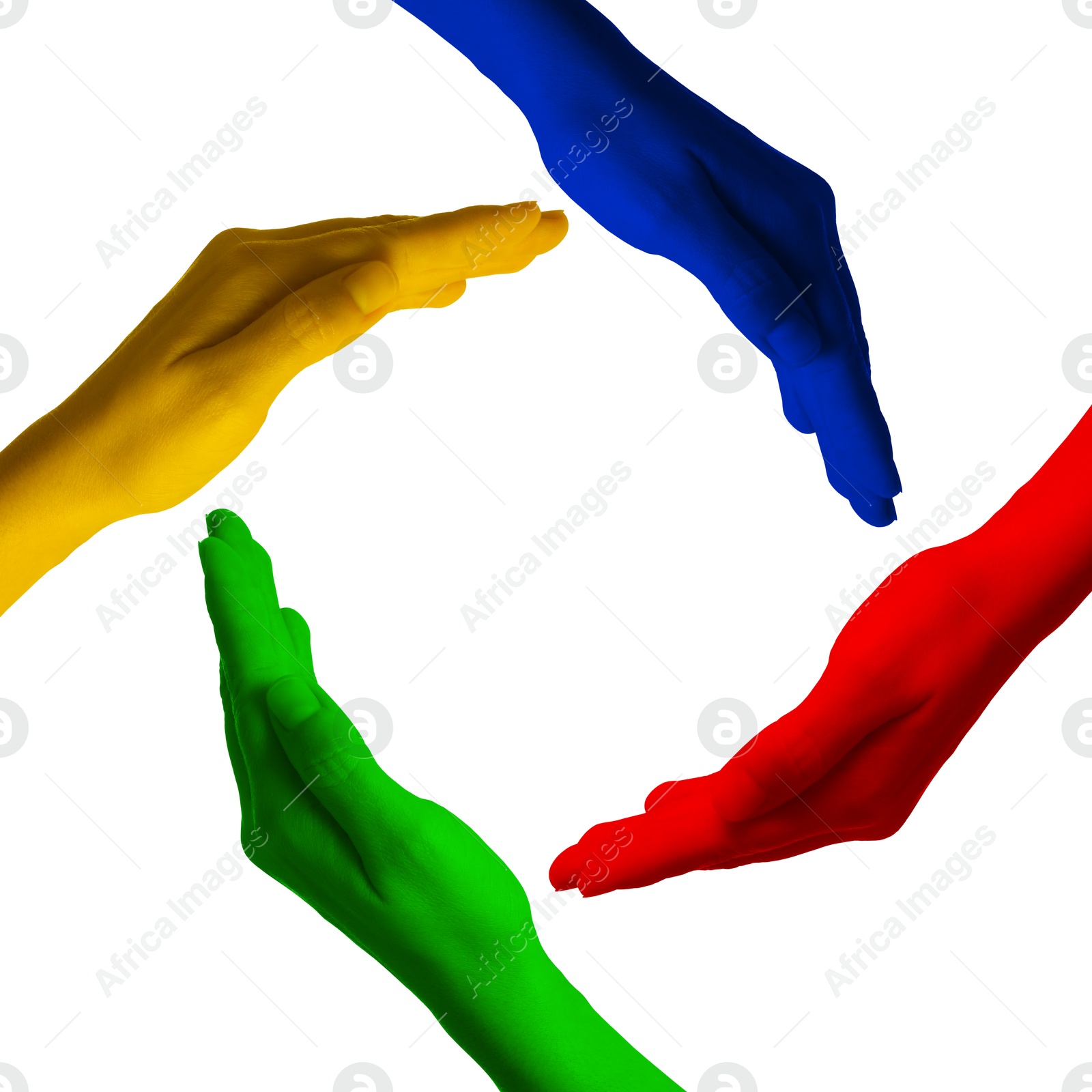 Making circle of human hands painted in different colors on white background. Unity, partnership, cooperation Image of Making circle of human hands painted in different colors on white background. Unity, partnership, cooperation
