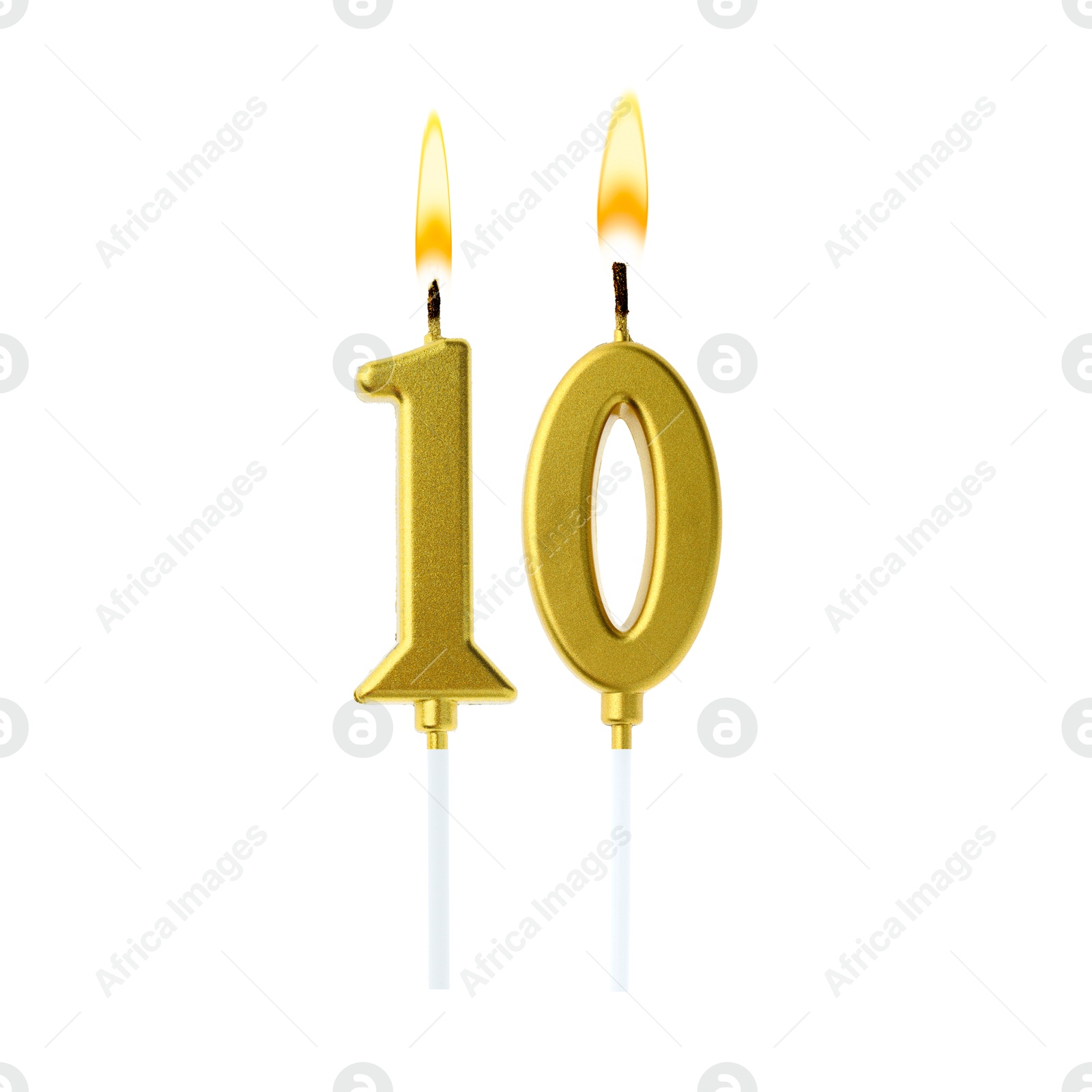 Burning golden cake candles composing number 10 on white background. Festive decoration for birthday or other special date Image of Burning golden cake candles composing number 10 on white background. Festive decoration for birthday or other special date