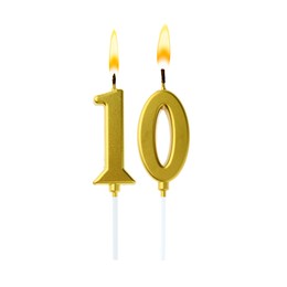 Image of Burning golden cake candles composing number 10 on white background. Festive decoration for birthday or other special date