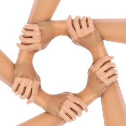 Image of Making circle of human hands on white background. Unity, partnership, cooperation