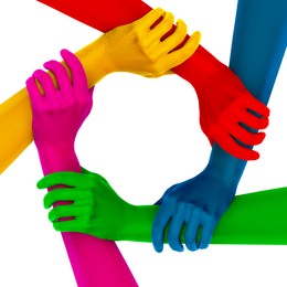 Image of Making circle of human hands painted in different colors on white background. Unity, partnership, cooperation