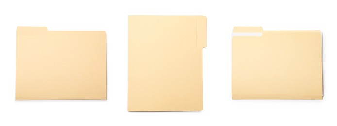 Image of File folder isolated on white, collage. Top view