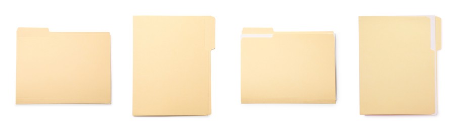 Image of File folder isolated on white, collage. Top view