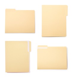 Image of File folder isolated on white, collage. Top view