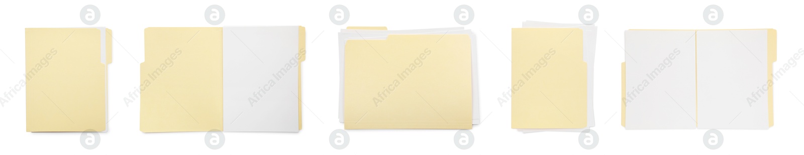 File folder with sheets of paper isolated on white, collage. Top view Image of File folder with sheets of paper isolated on white, collage. Top view