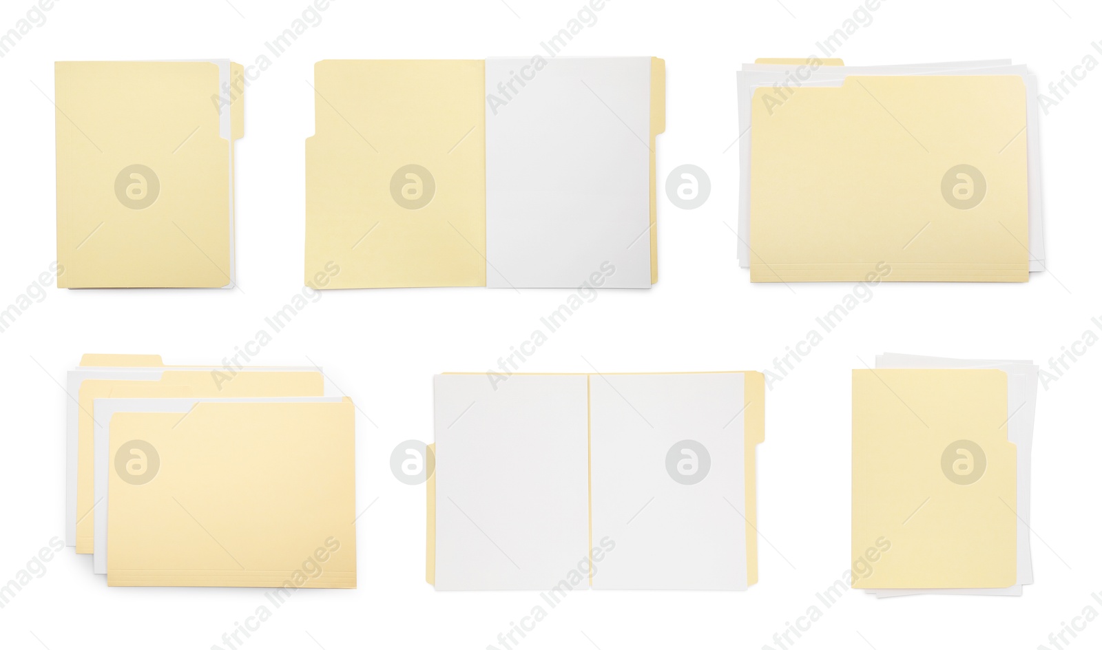 File folders with sheets of paper isolated on white, collage. Top view Image of File folders with sheets of paper isolated on white, collage. Top view