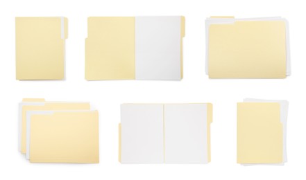 Image of File folders with sheets of paper isolated on white, collage. Top view