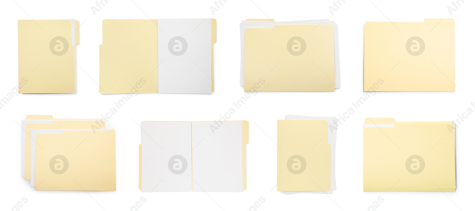 File folders with sheets of paper isolated on white, collage. Top view Image of File folders with sheets of paper isolated on white, collage. Top view