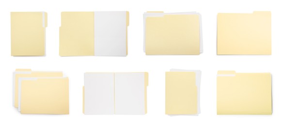 Image of File folders with sheets of paper isolated on white, collage. Top view
