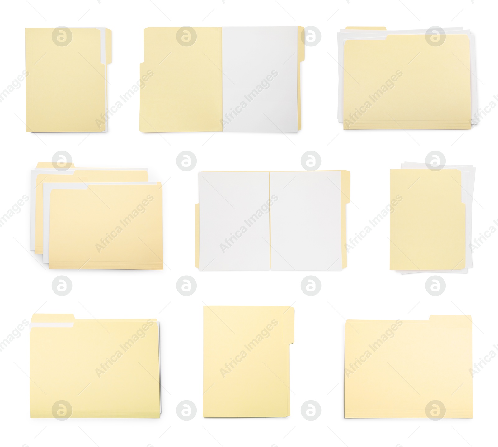 File folders with sheets of paper isolated on white, collage. Top view Image of File folders with sheets of paper isolated on white, collage. Top view