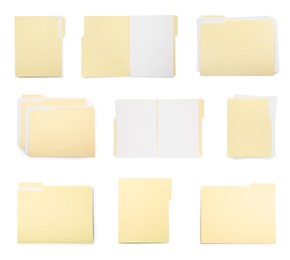 Image of File folders with sheets of paper isolated on white, collage. Top view
