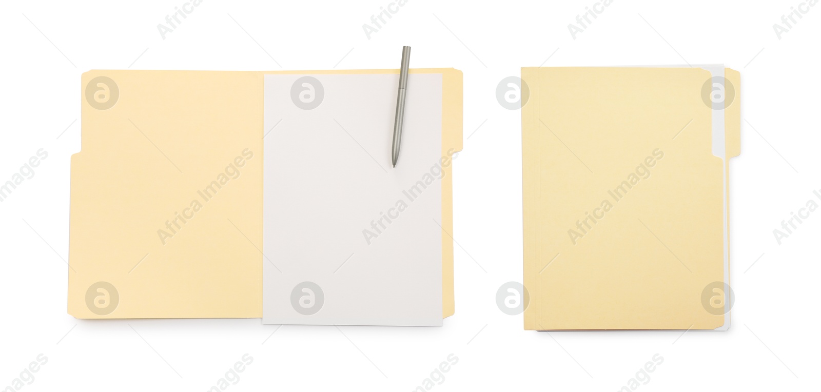 File folder with sheets of paper isolated on white, collage. Top view Image of File folder with sheets of paper isolated on white, collage. Top view