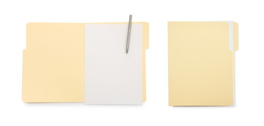 Image of File folder with sheets of paper isolated on white, collage. Top view