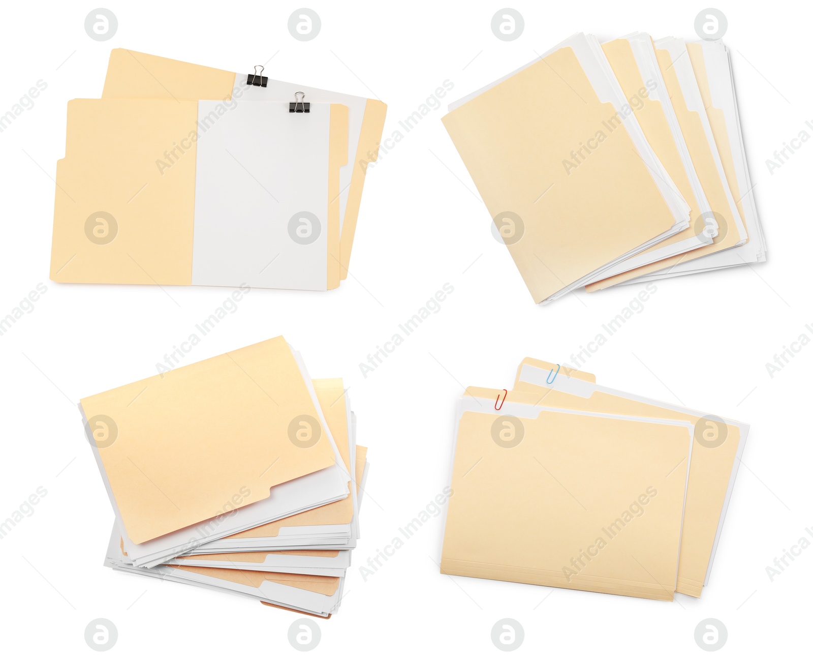 File folders with sheets of paper isolated on white, collage. Top view Image of File folders with sheets of paper isolated on white, collage. Top view