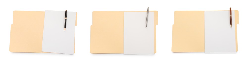 Image of File folder with sheets of paper and pens isolated on white, collage. Top view