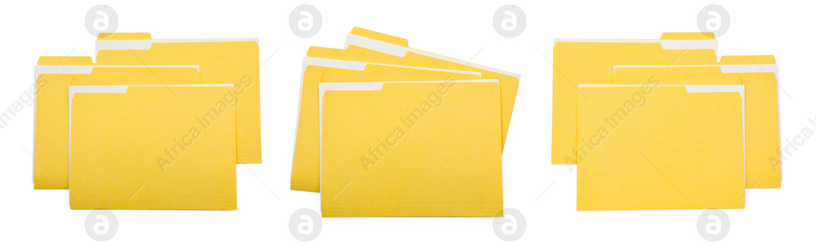 File folders with sheets of paper isolated on white, collage. Top view Image of File folders with sheets of paper isolated on white, collage. Top view