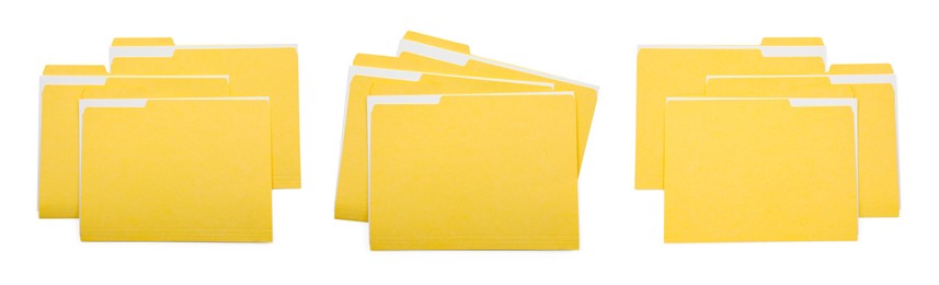Image of File folders with sheets of paper isolated on white, collage. Top view