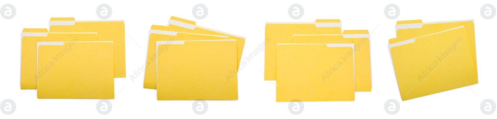File folders with sheets of paper isolated on white, collage. Top view Image of File folders with sheets of paper isolated on white, collage. Top view