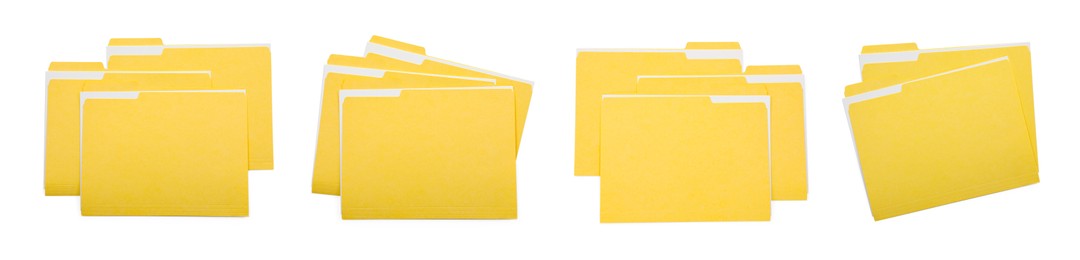 Image of File folders with sheets of paper isolated on white, collage. Top view
