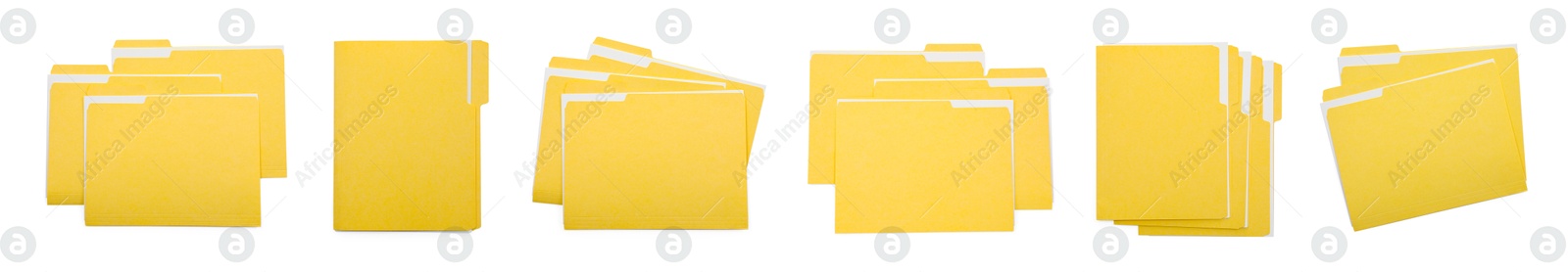 File folders with sheets of paper isolated on white, collage. Top view Image of File folders with sheets of paper isolated on white, collage. Top view
