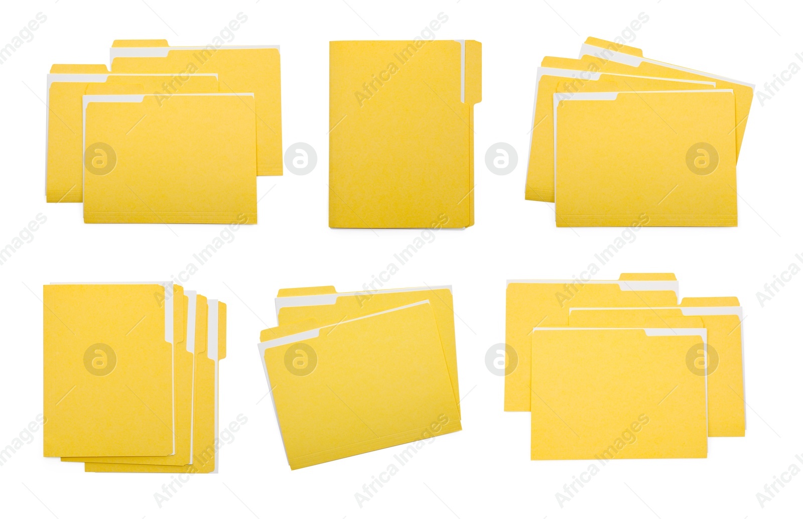 File folders with sheets of paper isolated on white, collage. Top view Image of File folders with sheets of paper isolated on white, collage. Top view