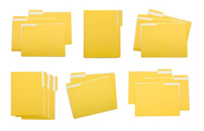 Image of File folders with sheets of paper isolated on white, collage. Top view