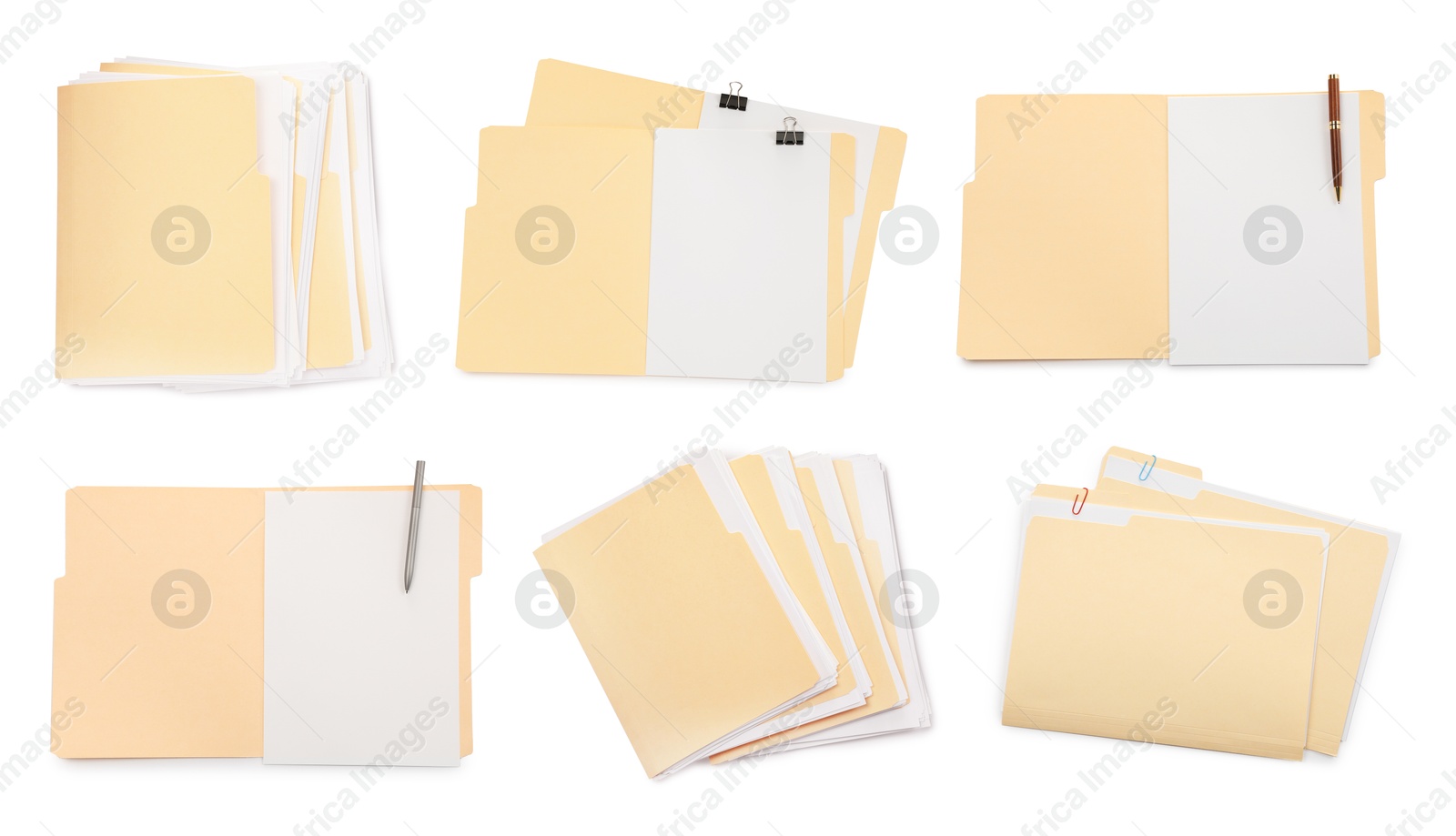 File folders with sheets of paper isolated on white, collage. Top view Image of File folders with sheets of paper isolated on white, collage. Top view