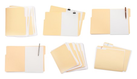 Image of File folders with sheets of paper isolated on white, collage. Top view