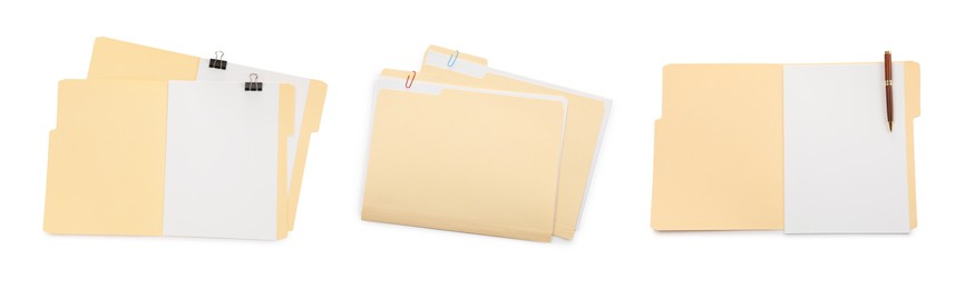 Image of File folders with sheets of paper isolated on white, collage. Top view