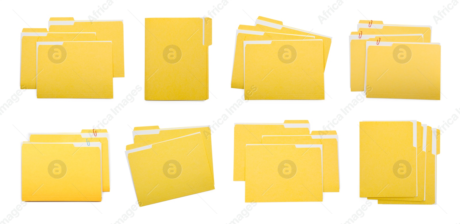 File folders with sheets of paper isolated on white, collage. Top view Image of File folders with sheets of paper isolated on white, collage. Top view