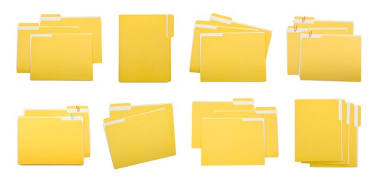Image of File folders with sheets of paper isolated on white, collage. Top view