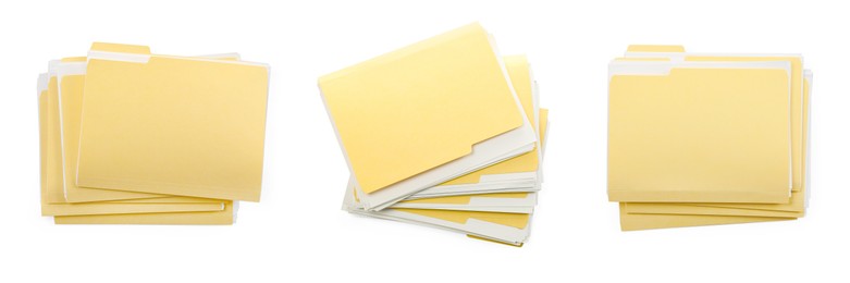 Image of File folders with sheets of paper isolated on white, collage. Top view