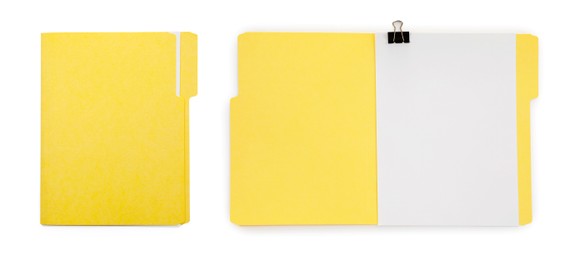 Image of File folders with sheets of paper isolated on white, collage. Top view