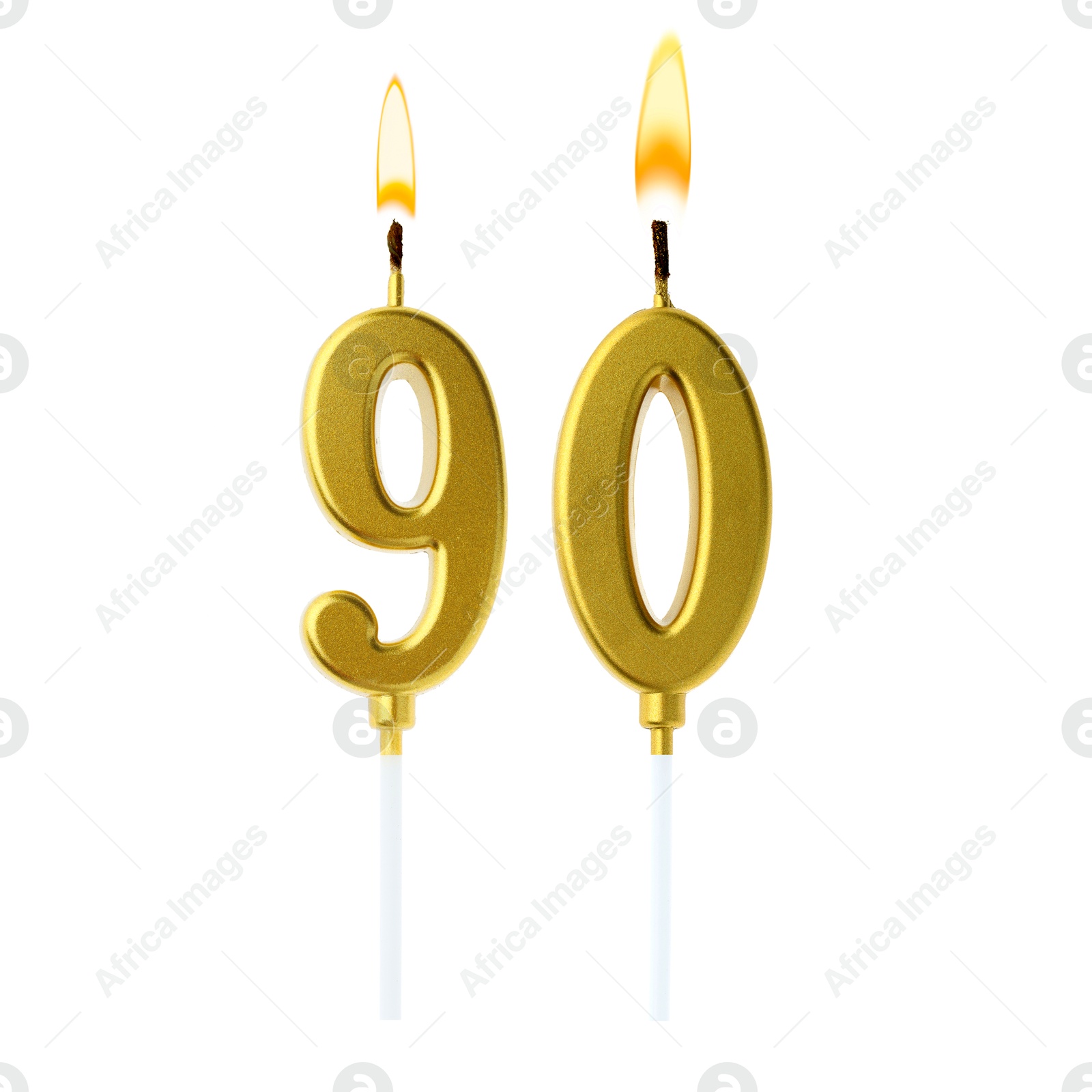Burning golden cake candles composing number 90 on white background. Festive decoration for birthday or other special date Image of Burning golden cake candles composing number 90 on white background. Festive decoration for birthday or other special date