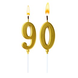 Image of Burning golden cake candles composing number 90 on white background. Festive decoration for birthday or other special date