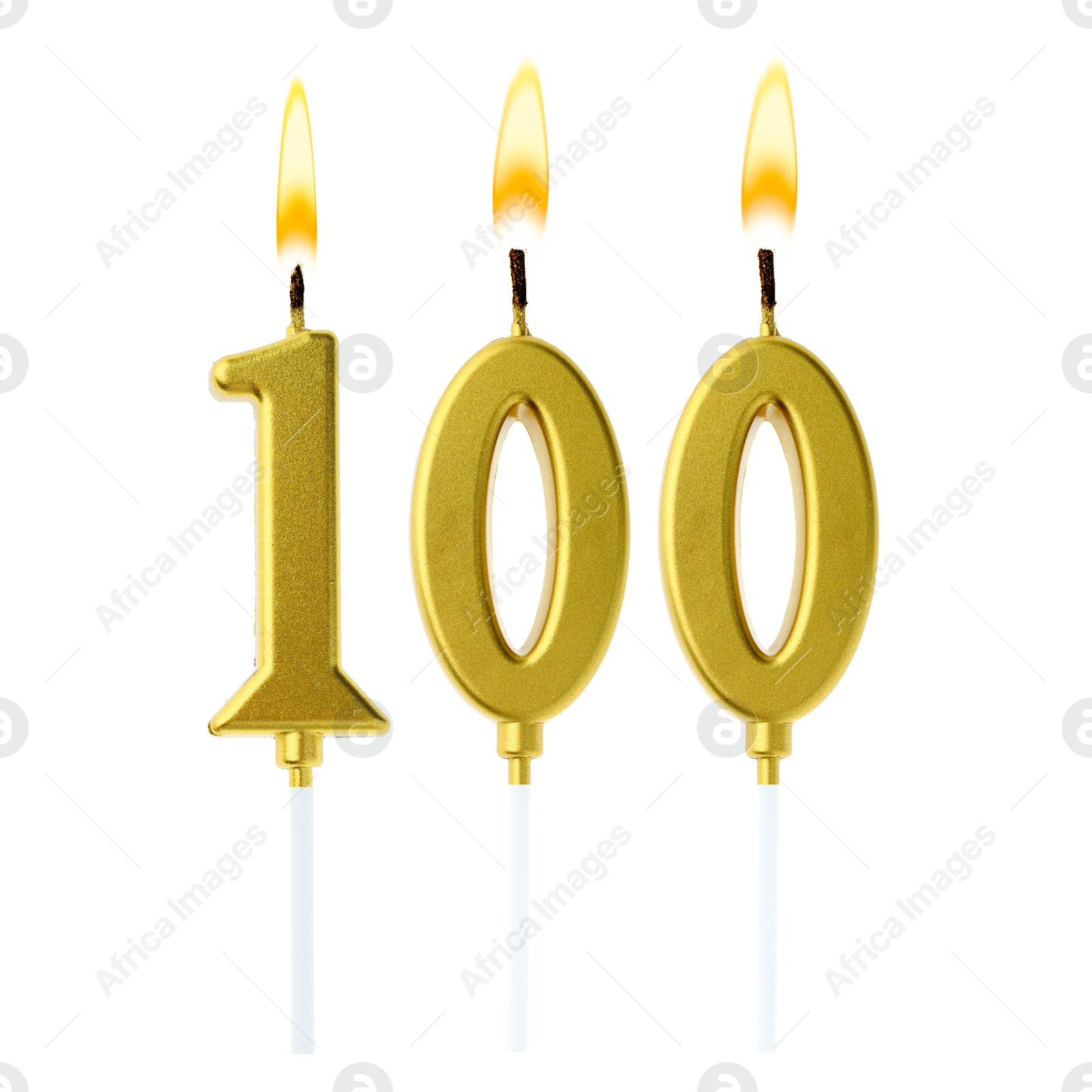 Burning golden cake candles composing number 100 on white background. Festive decoration for birthday or other special date Image of Burning golden cake candles composing number 100 on white background. Festive decoration for birthday or other special date