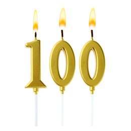 Image of Burning golden cake candles composing number 100 on white background. Festive decoration for birthday or other special date