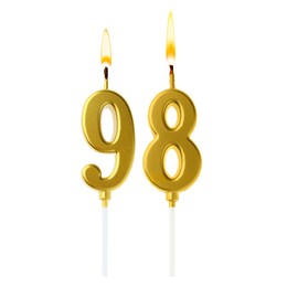 Image of Burning golden cake candles composing number 98 on white background. Festive decoration for birthday or other special date