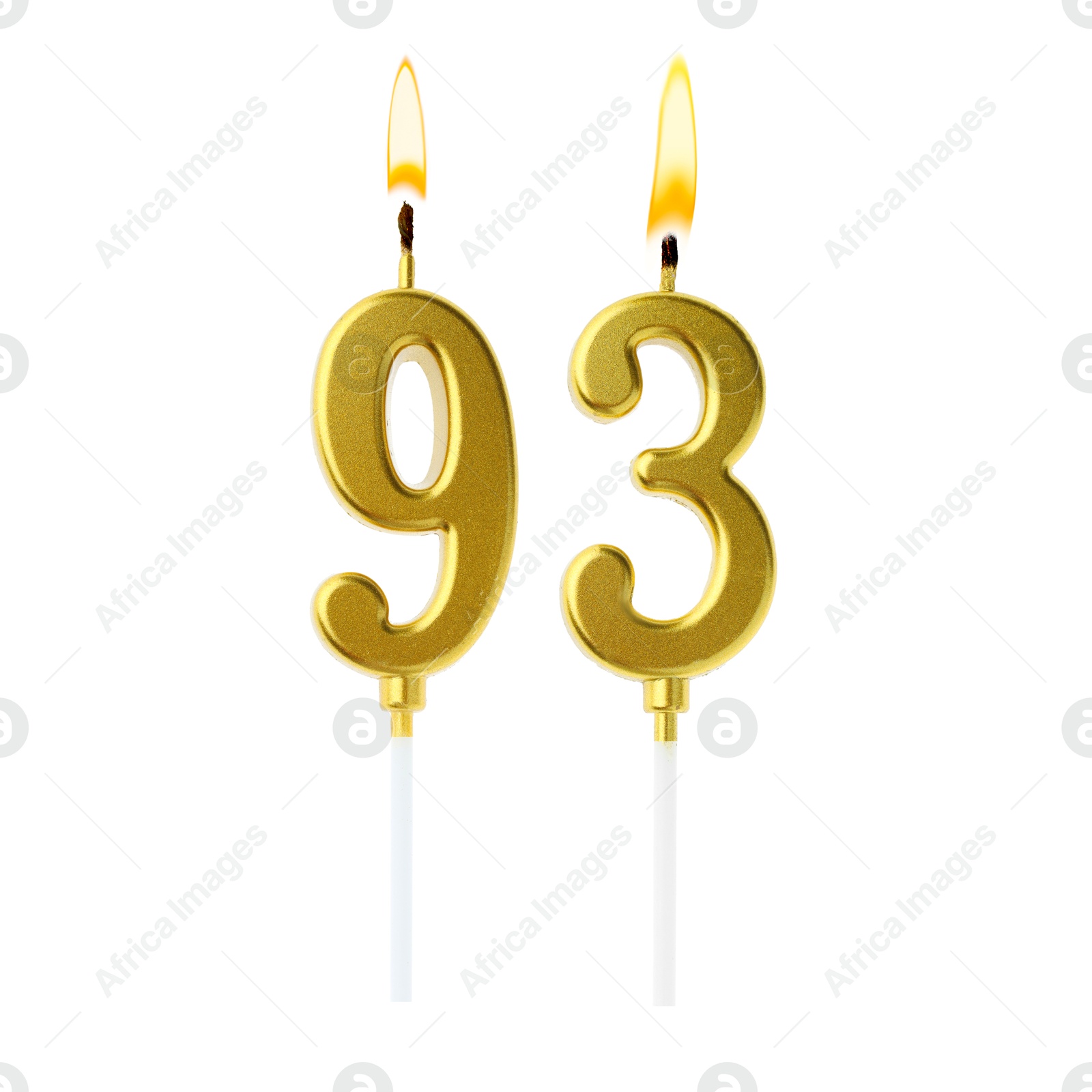 Burning golden cake candles composing number 93 on white background. Festive decoration for birthday or other special date Image of Burning golden cake candles composing number 93 on white background. Festive decoration for birthday or other special date