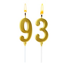 Image of Burning golden cake candles composing number 93 on white background. Festive decoration for birthday or other special date