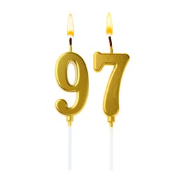 Image of Burning golden cake candles composing number 97 on white background. Festive decoration for birthday or other special date
