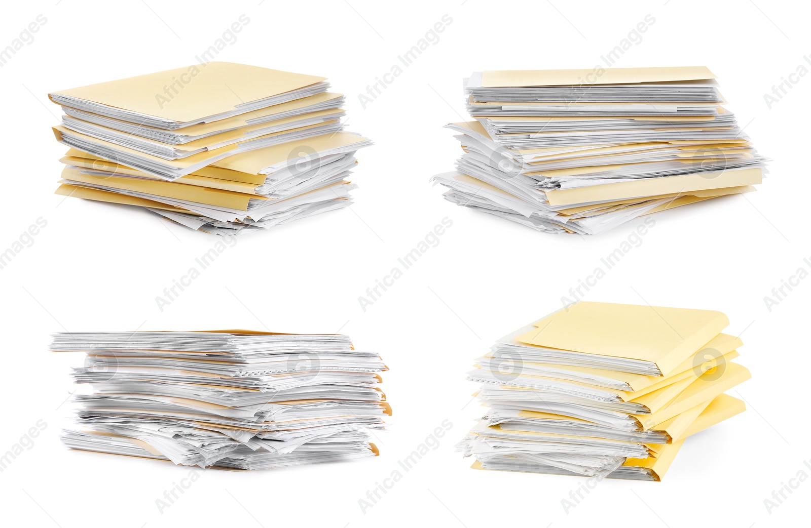 File folder with sheets of paper isolated on white, collage Image of File folder with sheets of paper isolated on white, collage